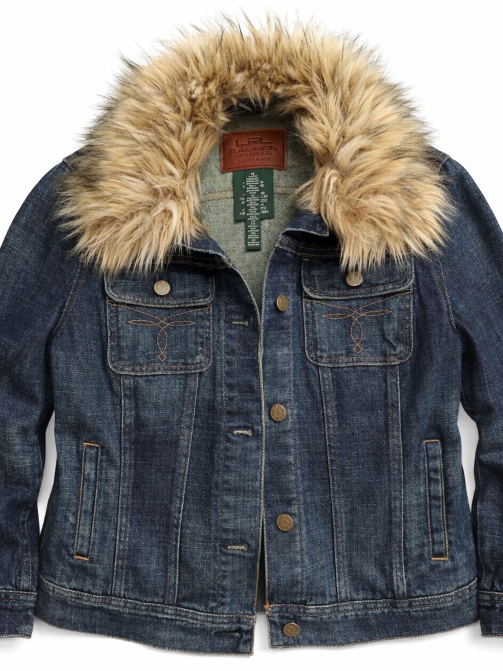 Lauren Ralph Lauren Dark Blue Denim Jacket with Faux Fur Hood Trim